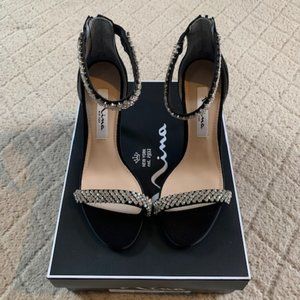 Women's Nina Stiletto Black Luster Satin Heals with Sparking Crystals